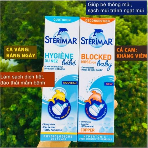 Xịt muối biển cá heo vàng và cá heo cam Sterimar Pháp (100ml) vệ sinh mũi cho bé 0-3 tuổi NTDT