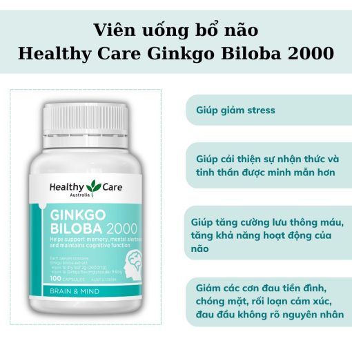 Viên uống bổ não Healthy Care Ginkgo Biloba tăng cường trí nhớ