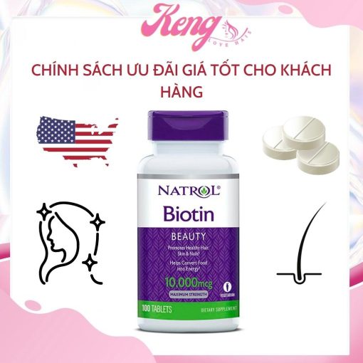 Viên uống mọc tóc Natrol Biotin 10000 Mcg của Mỹ 100 viên giúp kích mọc tóc