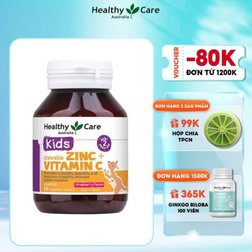 Viên nhai bổ sung kẽm và vitamin C Healthy Care Kids Chewable 60 viên vị dâu NTDT