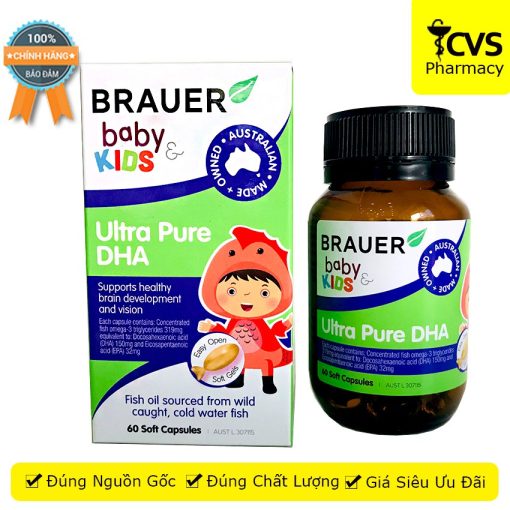 Viên nhai bổ sung DHA Brauer Baby Kids Ultra Pure DHA cho bé từ 7 tháng chai 60 viên